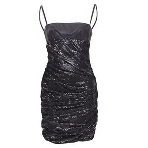 ALEXANDER WANG black lambskin leather Sequin Goddess ruched dress US4 S
